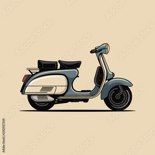 Vintage light blue and cream scooter illustration on a plain background.