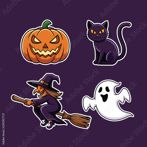Halloween Character Sticker Pack Pumpkin Black Cat Witch and Ghost