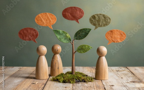 Three wooden figures surround a tree with speech bubbles symbolizing