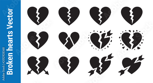 Tableau sur toile Broken heart black icons set vector on transparent background fractured love symbol