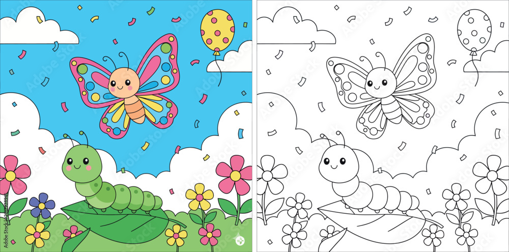 Obraz premium Cute Cartoon Butterfly and Caterpillar with Confetti and Flowers - Whimsical Nature Illustration
