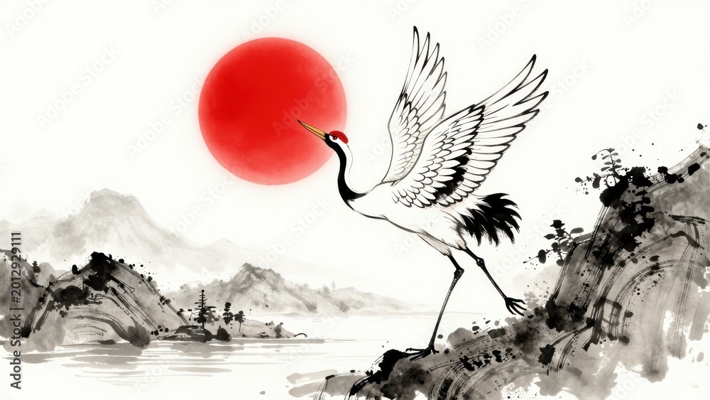 Obraz premium Red Sun Rising over Misty Mountains Illustration