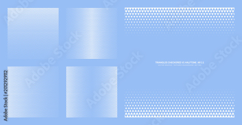 Assorted vector light blue checkered triangles grid halftone pattern bundle in square 1:1 aspect ratio including faded border and various smooth gradient textures. Graphic design elements for layouts