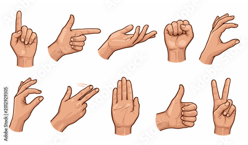 Fotografie Realistic hand positions and gestures vector collection for communication and pr