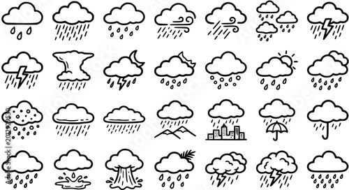 Photos Black and White Line Art Weather Icons: Clouds, Rain, Storm, Sun, Umbrella, Snow