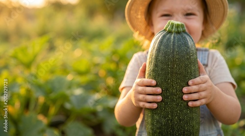 Happy little girl holding giant green zucchini in vegetable garden at sunset