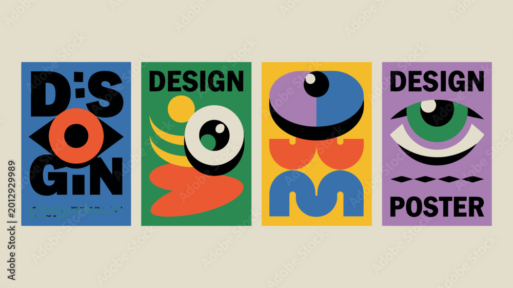 Obraz premium Four abstract design posters with bold typography and geometric shapes vibrant color palette high quality professional