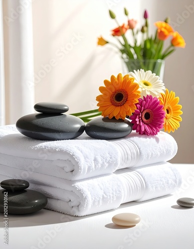 Smooth stones atop plush towels with vibrant gerbera daisies create a spa scene