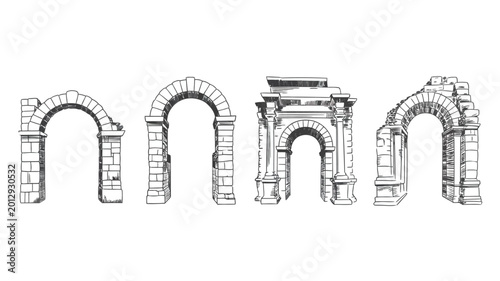 Obraz na płótnie Four detailed sketches of stone arches with varying architectural styles on a wh