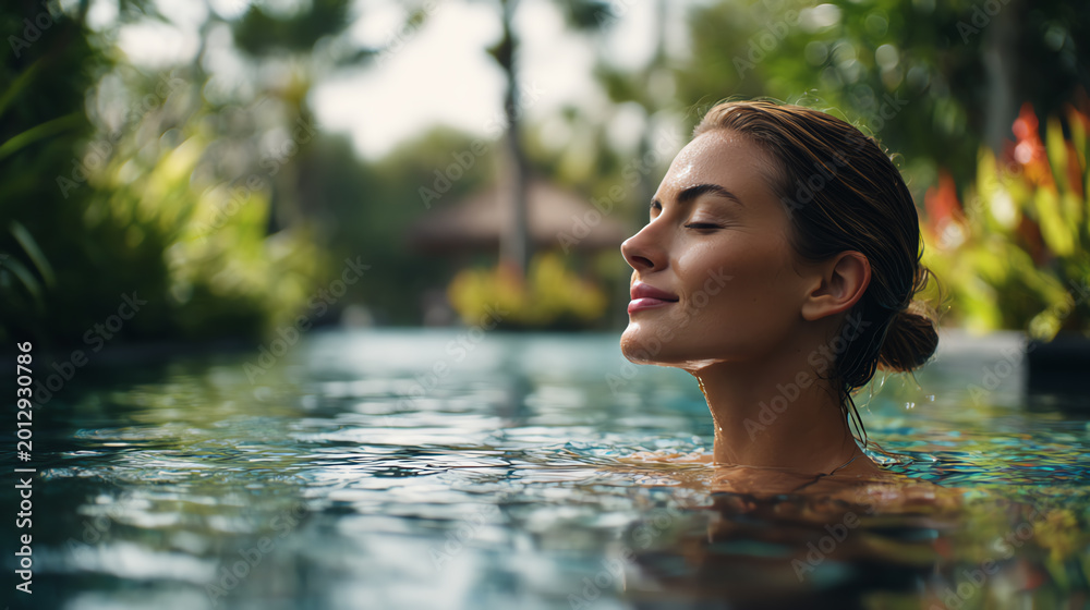 Fototapeta premium A serene woman enjoying tranquility in a tranquil pool surrounded by lush greenery. A moment of peace and relaxation.