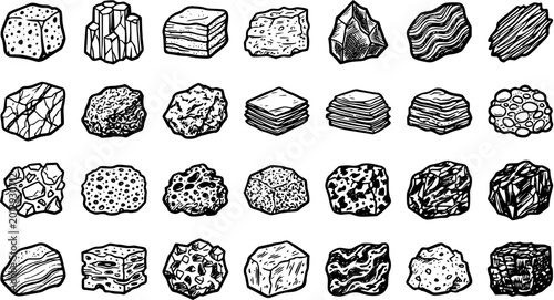 Bild auf Leinwand Black and White Line Art Illustration of Various Types of Rocks and Minerals