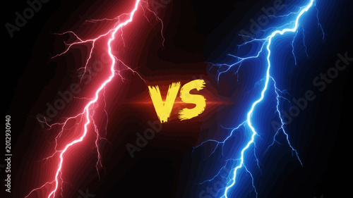 Foto Lightning bolts versus background with yellow text dramatic storm weather illust