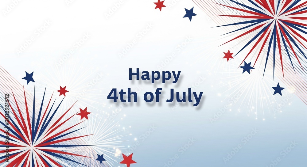 Obraz premium Happy 4th of July text with red white and blue fireworks and stars on a light blue gradient background, patriotic holiday celebration graphic design