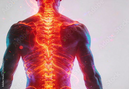 Backview anatomy of person with glowing spine, showing pain inflammation ache nerve sciatica lower health concerns.