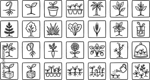 Valokuva Black and white line art icons of plants growing, agriculture and gardening