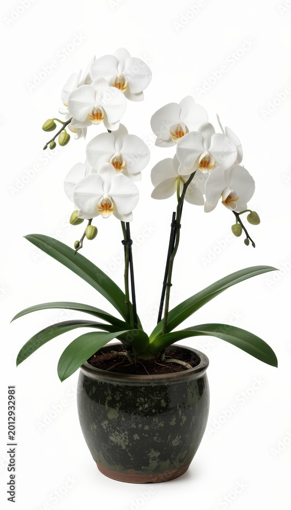 Fototapeta premium White Orchid Bloom in Elegant Ceramic Pot