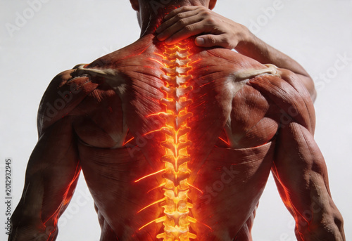 Backview anatomy adult person with glowing spine, lower back pain, ache, health issues showing nerve pain inflammation.