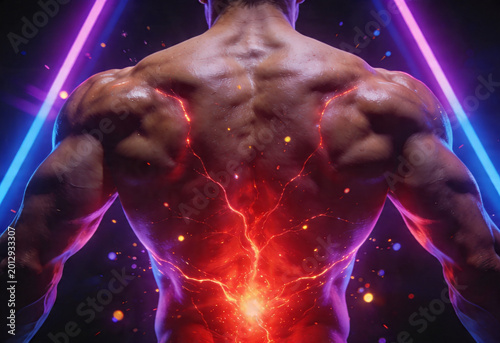 Close up back view of adult body showing inflamed lower back pain and nerve ache, glowing anatomy with sciatica health issues and inflammation.