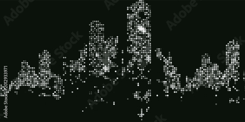Abstract cityscape illustration with white dotted buildings against a black background.