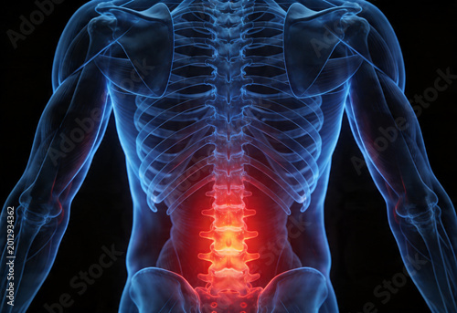 Digital illustration of human anatomy showcasing lower back pain inflammation ache in adult person's spine.