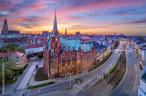 Wroclaw, Poland - aerial view of gothic building of former university library on sunrise