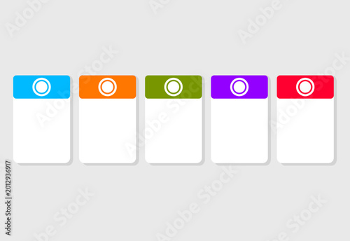 Infographic five blank colorful cards in a horizontal row template for business promotion.