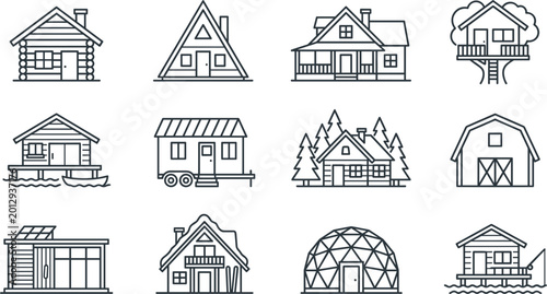 Tableau sur toile House and cabin outline icon collection featuring modern homes barns cottages an