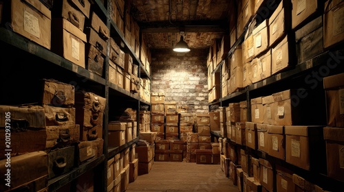 Dimly Lit Archive Room Filled with Cardboard Storage Boxes, Generative Ai