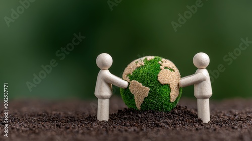 Harmony of Eco-Friendly Alliance: Two miniature figurines delicately cradle a verdant, Earth.