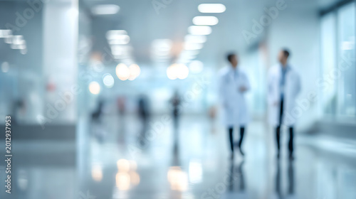 Blurry scene of two medical professionals walking in a modern hospital corridor, representing healthcare teamwork.