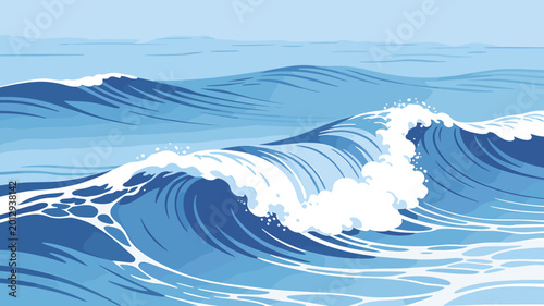 Photos Stylized illustration of powerful blue ocean waves crashing with white foam under a clear sky