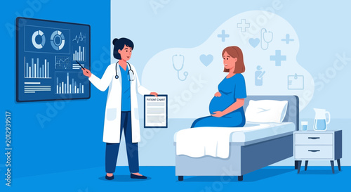 Doctor Consulting Pregnant Woman Showing Health Data On Screen