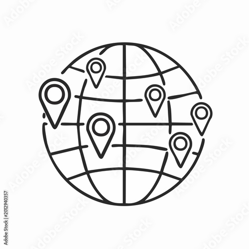 Global network with location pins, representing worldwide connection and geographical markers.