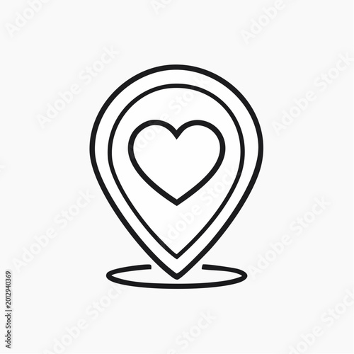 Heart location pin icon, love map pointer symbol, romantic destination marker, favorite place sign, dating app location.