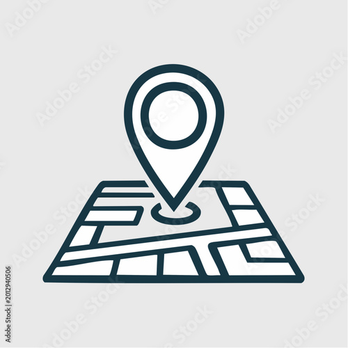 Outline icon of a map with a location pin, symbolizing navigation, destination, and geographical positioning.
