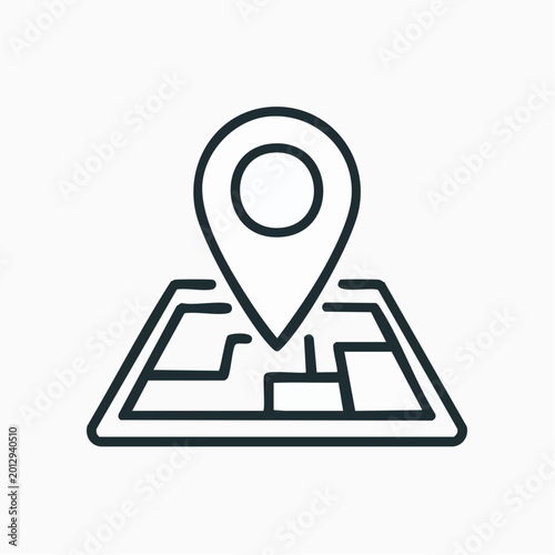 A minimalist line art icon depicting a location pin marker placed on a stylized map, representing navigation, GPS, and geographical positioning.