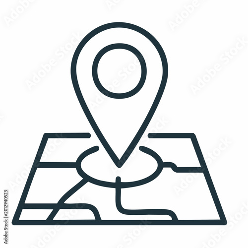 Line art illustration of a location pin marker on a stylized map, representing navigation, GPS, and geographical positioning.
