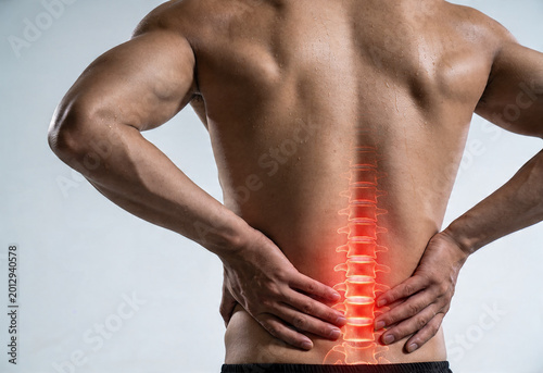 Inflammation highlighting lower back pain in adult anatomy, person health ache affecting body nerve.