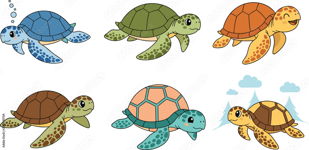 Fototapeta premium Cute Cartoon Turtles with Different Shell Patterns Swimming and Exploring Nature for Kids and Animal Lovers
