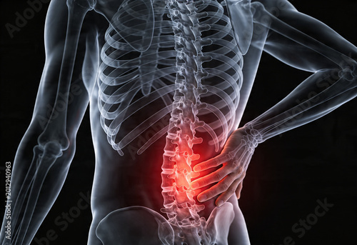 Man experiencing lower back pain, hand on injured spine, detailed anatomy and inflammation, health issue.