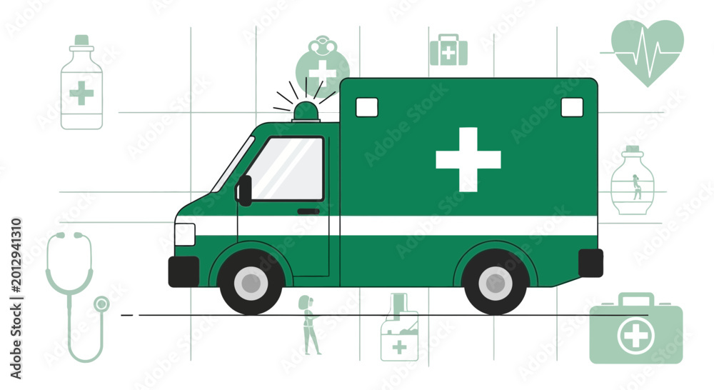 Fototapeta premium Emergency Medical Services Ambulance Concept on White: Healthcare Iconography Illustration