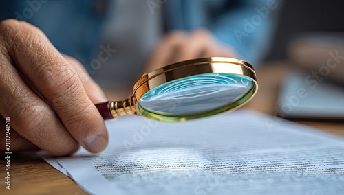 Magnifying glass examining text on paper during research concept