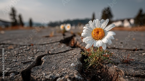 Resilient White Wild Daisy Emerging from Cracked Asphalt Pavement, Symbol of Hope and Nature's Persistence in Urban Outdoor Environment