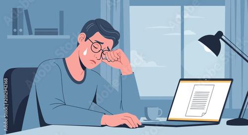 Emotional Struggle Illustration: Overwhelmed Person Finds Solace Working At A Desk Scene