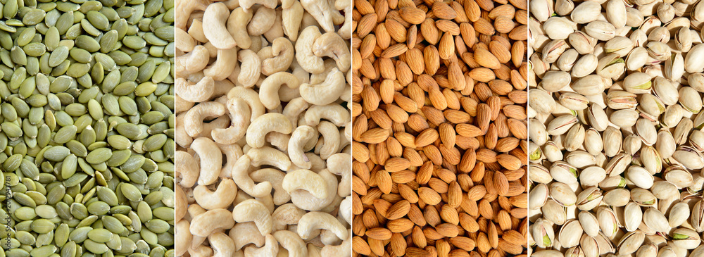 Obraz premium Close-up collage of pumpkin seeds, cashew nuts, almonds, and pistachios. Healthy food, natural ingredients, vegan nutrition, and snack background concept.