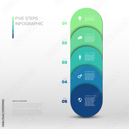 This professional infographic features a five steps infographic layout with layered circles. Each step in the five steps infographic includes icons and text areas for business data.