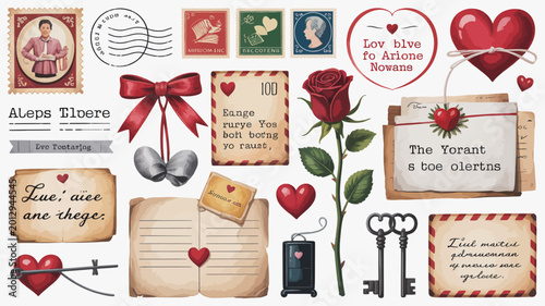 Fotografi Vintage love letter collage with red rose hearts and postage stamps on a white b