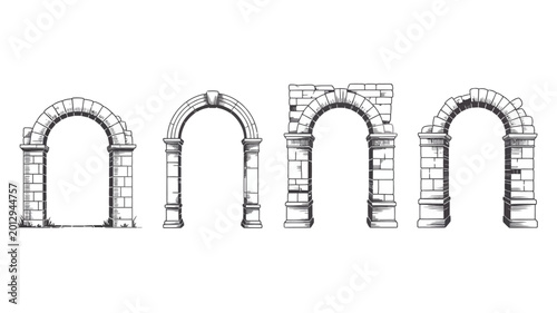 Fotografía detailed sketches of four stone arches with varying degrees of decay isolated on