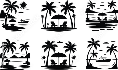 Photography Summer beach vacation silhouette vector art set with people enjoying seaside act
