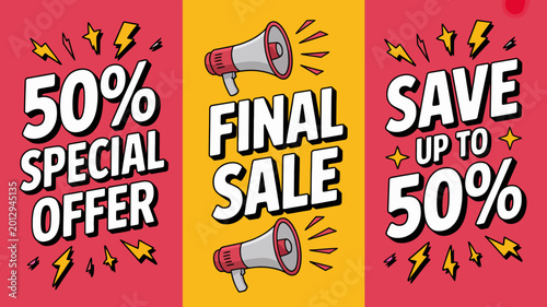 Tableau sur toile Sale banners with vibrant text and megaphone illustrations special offer and fin